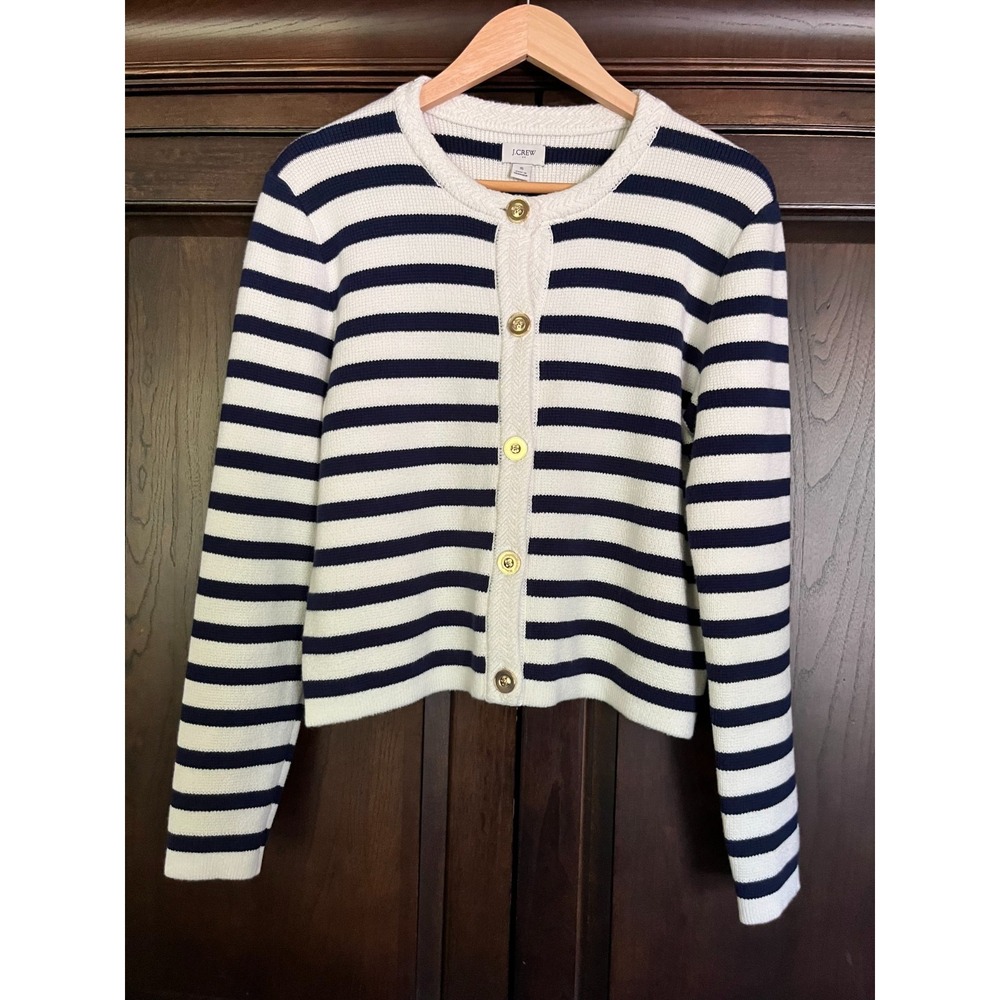 J CREW Factory Striped Navy Cream Cardigan Sweater Sz S Old Money Quiet Luxury